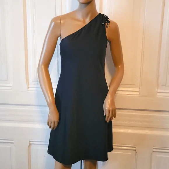 dkny one shoulder dress Donna Karan Women's Floral One-Shoulder Sheath Dress in Cream/Black Multi White, Size 14